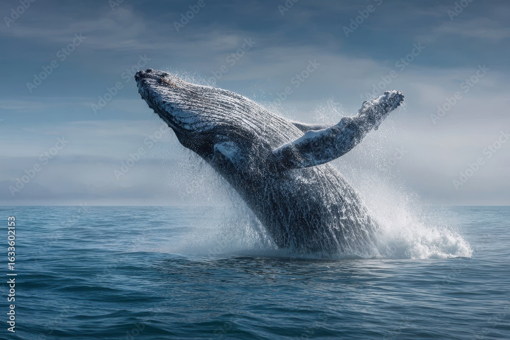 Fototapeta premium Massive blue whale breaches the ocean surface during a calm morning in the Pacific, showcasing its grandeur and strength as water splashes around it