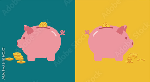 Twin panels with piggy banks & coins, one teal, one gold background