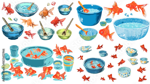 Colorful illustration of goldfish swimming in blue ceramic bowls with water and chopsticks. Hand-drawn watercolor style perfect for Asian culture, pet, and aquatic themed design projects.