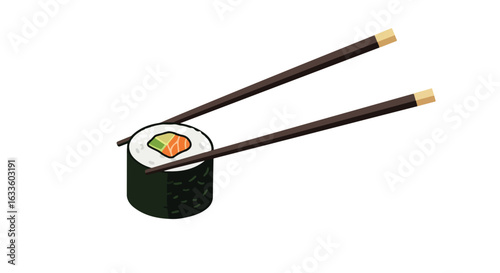 Chopsticks holding sushi roll