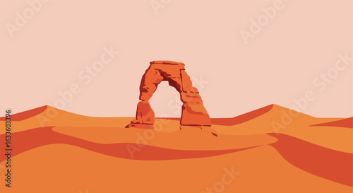 Desert archway atop dunes against a pale pink sky in flat, minimalist design