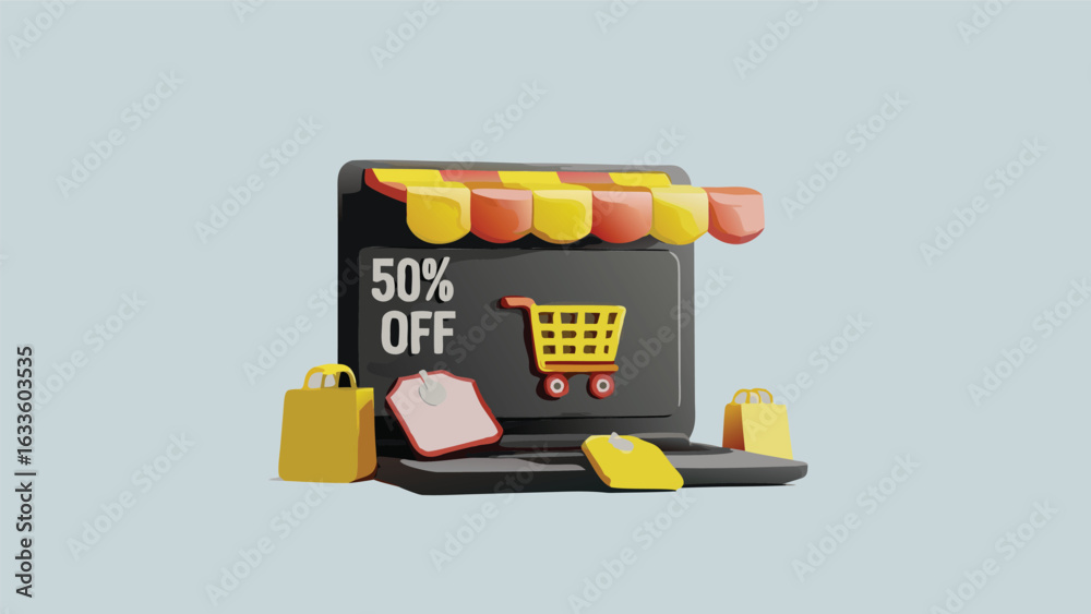 Fototapeta premium A laptop screen displaying a online store with fifty percent off and shopping bags around it