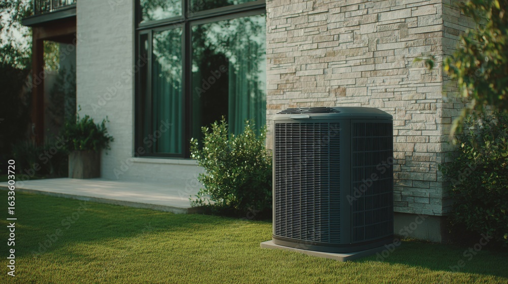 Fototapeta premium Residential HVAC Condenser Unit Installed Outside a Modern Home on a Green Lawn for Climate Control