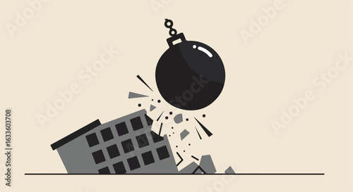 Wrecking ball demolition of building