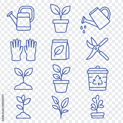 A set of nine simple line art icons representing various gardening tools and plant growth stages all isolated on a transparent background