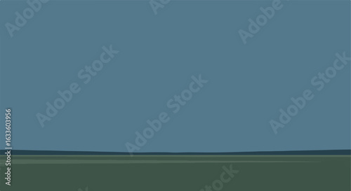 Calm, flat landscape with muted greens and blues, minimal and stylized