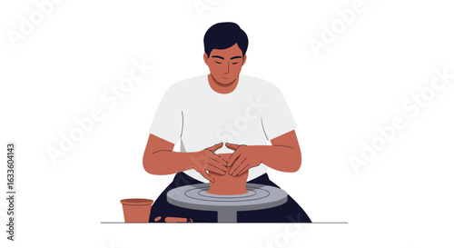 Man shapes clay on a wheel