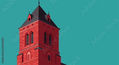 A red church tower stands tall against a solid teal background