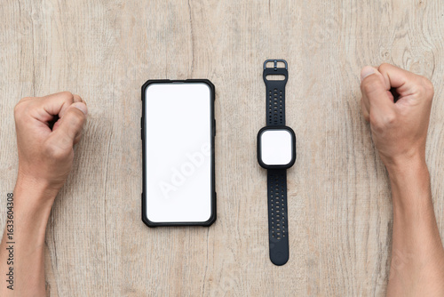 Waiting for smartwatch to connect to your smartphone. Brown background.