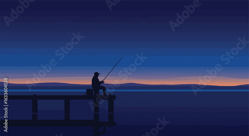 Silhouette of a man fishing off a pier at dusk with an orange horizon line