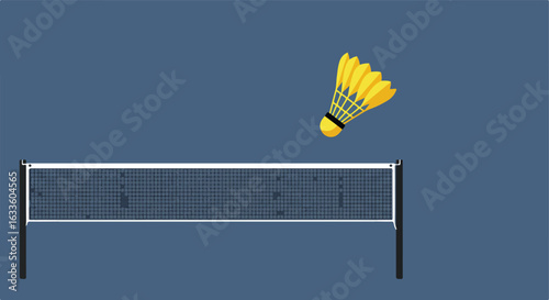 A yellow shuttlecock floats over a net on a blue background