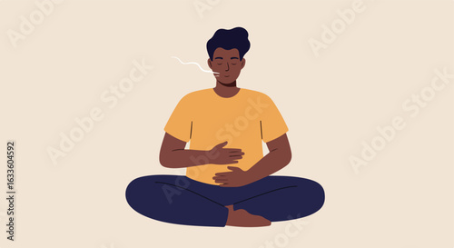 Person meditating with breath, calm expression, seated in lotus position