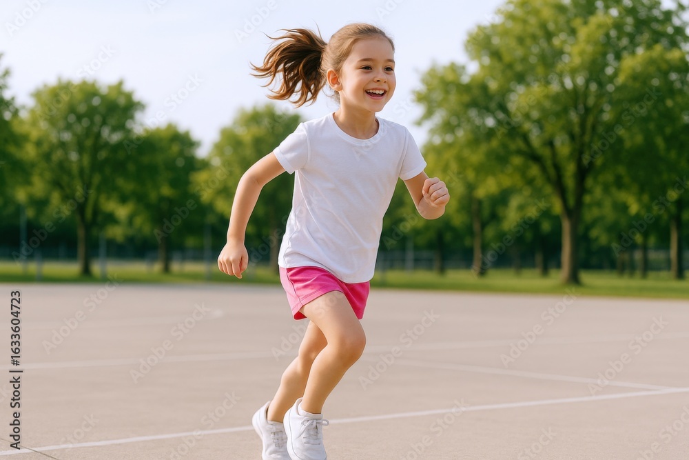 Obraz premium Joyful Little Girl Running Outdoors on a Sunny Day Demonstrating Childhood Health and Fitness