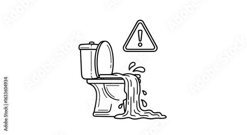  Overflowing toilet with warning sign in black and white sketch