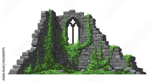 Stone ruin window, covered in ivy