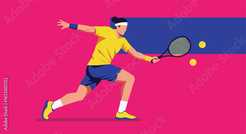 Tennis player in action on a colorful court, hitting a ball