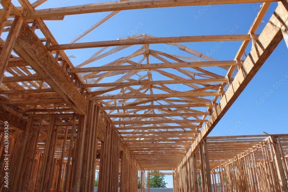 Obraz premium New construction framing shows progress at a residential building site in bright sunlight