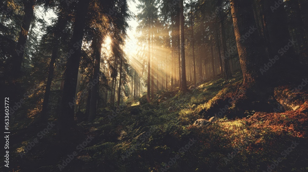 Fototapeta premium Sunlight streams through a dense forest.