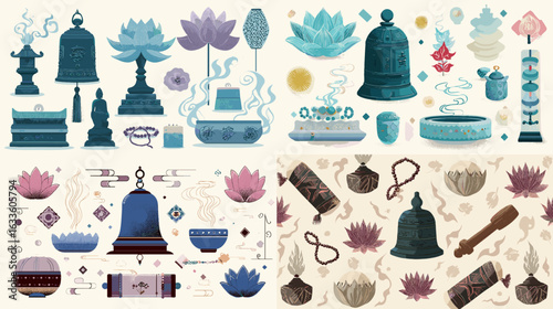 Spiritual and meditation illustration with lotus flowers, bells, incense, and ritual objects in soft colors. Perfect for yoga, mindfulness, zen, or traditional Asian cultural design projects.