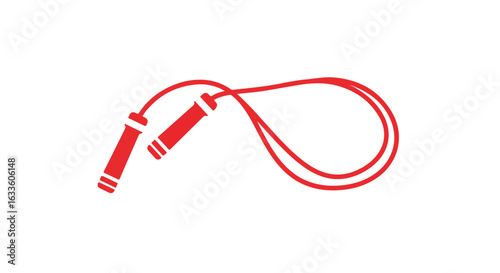 Red jump rope, curved and ready for action, floats on white background