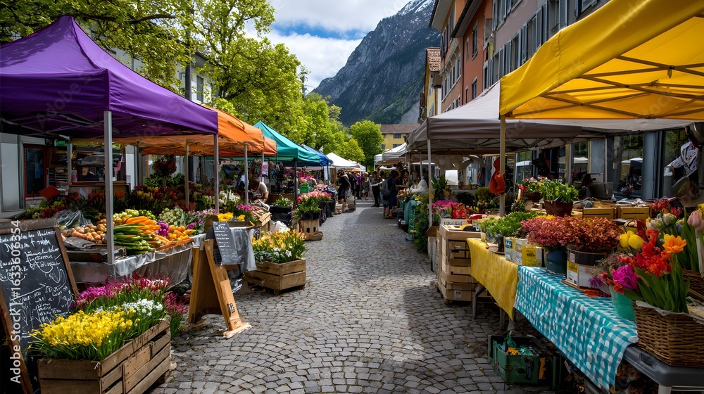custom made wallpaper toronto digitalBunter Wochenmarkt mit Blumen und regionalen Produkten in Altstadtgasse
