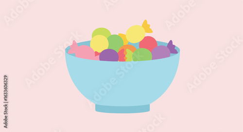 Cartoon image of colorful candy in a light blue bowl on a light pink background