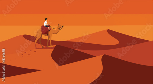 Simple stylized camel ride over orange desert dunes