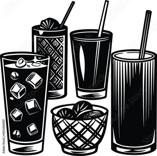 A colorful set of soda drinks in plastic cups with straws, isolated on a white background, plastic cup, drink set, colorful drink, summer drink