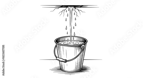 Leaking ceiling with water dripping into bucket in line art