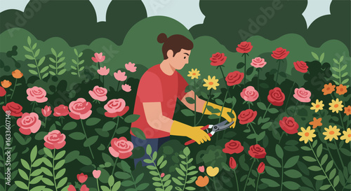 Gardener tending to colorful roses in a lush garden with green bushes
