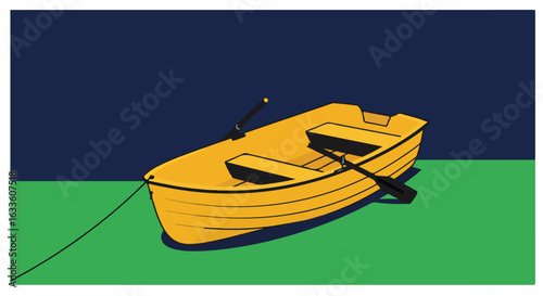 Bright yellow rowboat with oars moored in green field, dark blue backdrop