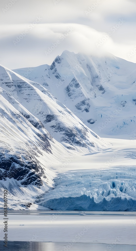 Obraz premium View of snowy mountains and frozen landscape with glacier in the High Arctic around the islands Svalbard. 