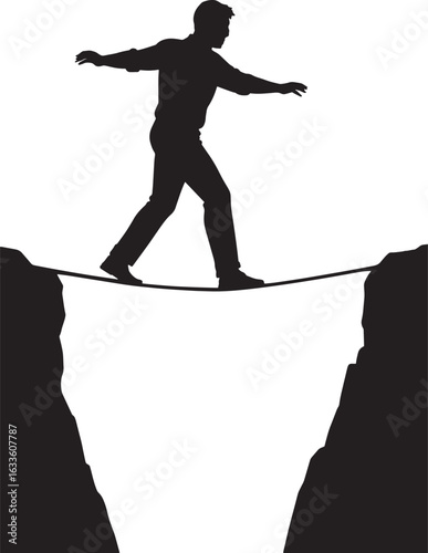 "Man Walking on Tightrope Silhouette – Risk and Balance Concept Vector Between Cliffs"