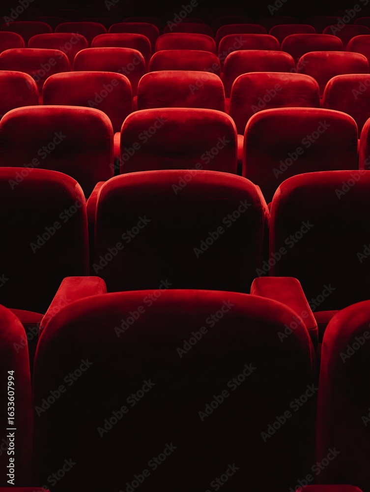 Obraz premium Rows of empty plush red velvet seating fill a darkened theater creating pattern