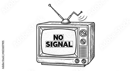 Old television with no signal screen in black and white sketch