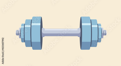 Stylized dumbbell featuring stacked blue weights and a gray handle