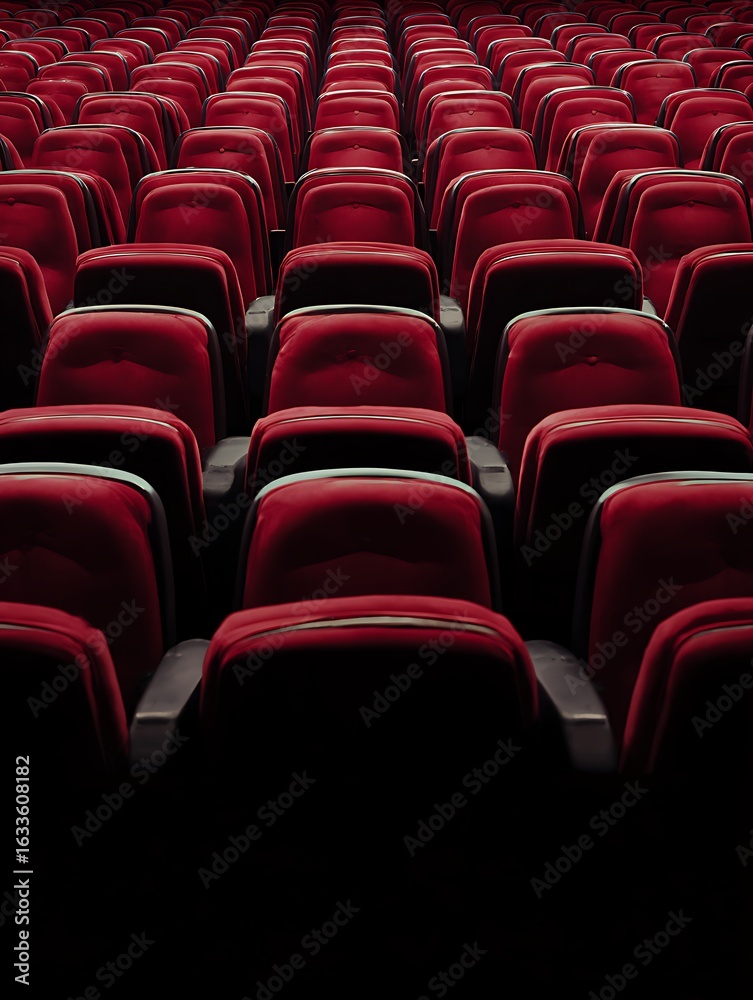 Fototapeta premium Rows of empty red theater seats recede into dark shadows providing a captivating perspective