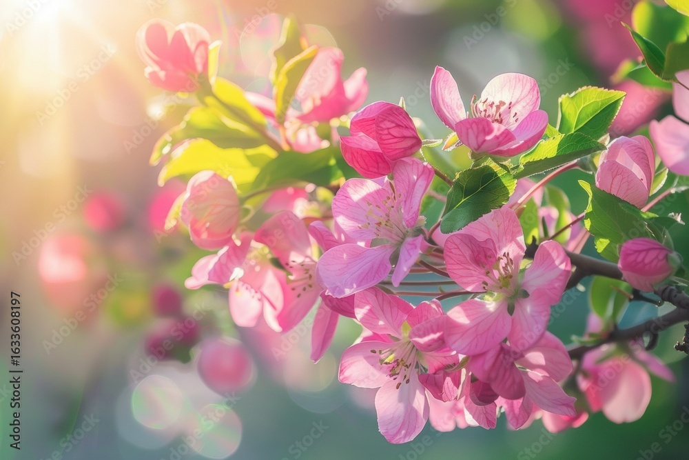 Obraz premium Beautiful pink blossoms on a flowering tree branch illuminated by sunlight, creating a vibrant and serene atmosphere in a natural garden setting with soft bokeh background