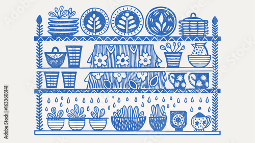 Illustration of a blue shelving unit filled with various kitchenware and potted plants on a white background