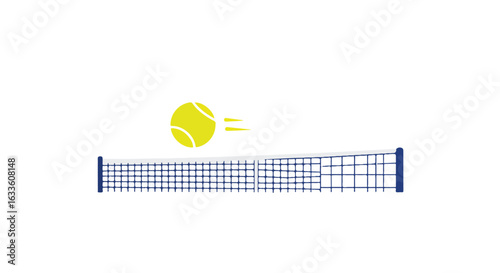 Tennis ball with motion lines over blue net