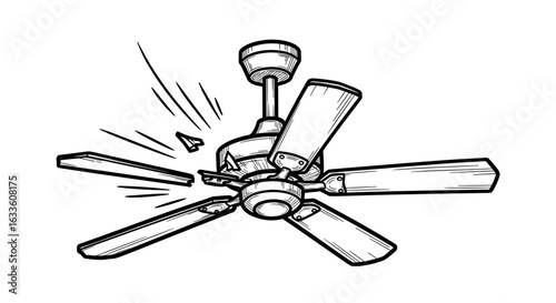  Broken ceiling fan with detached blade in black and white sketch