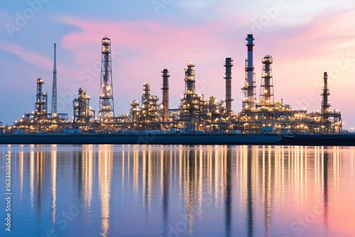 Industrial oil refinery complex by a calm waterway at twilight