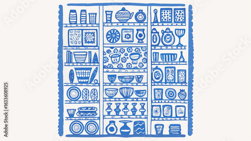 Illustration of a blue shelf filled with various dishes and decorative items in a kitchen setting