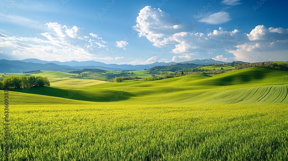 Fototapeta premium Lush green fields roll into a valley under a bright sky