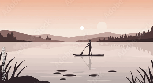 Paddle boarder on lake under a pale sky