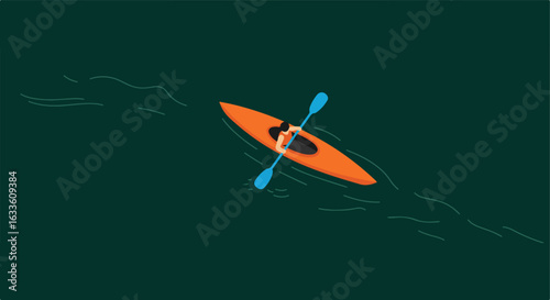 Kayaker paddling orange kayak on dark water, top-down view