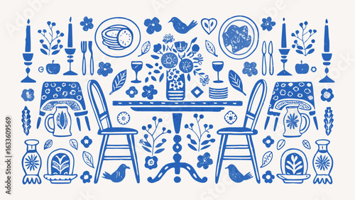 Illustration of a dining table set with plates, cutlery, flowers, and chairs in a blue and white color scheme