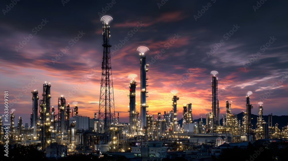 Fototapeta premium Industrial complex with illuminated structures and smokestacks against a colorful sunset sky.