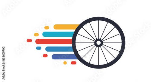Bicycle wheel trails colorful lines indicating motion on a white background