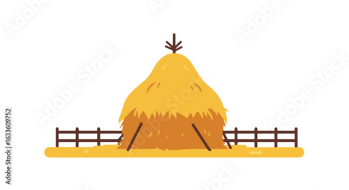 Haystack, secured by supports and partially fenced, atop a base